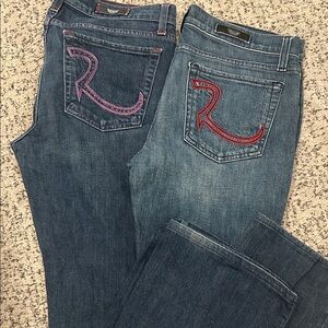 2 for 1 Rock & Republic Blue Jeans with Red and Purple Embroidery